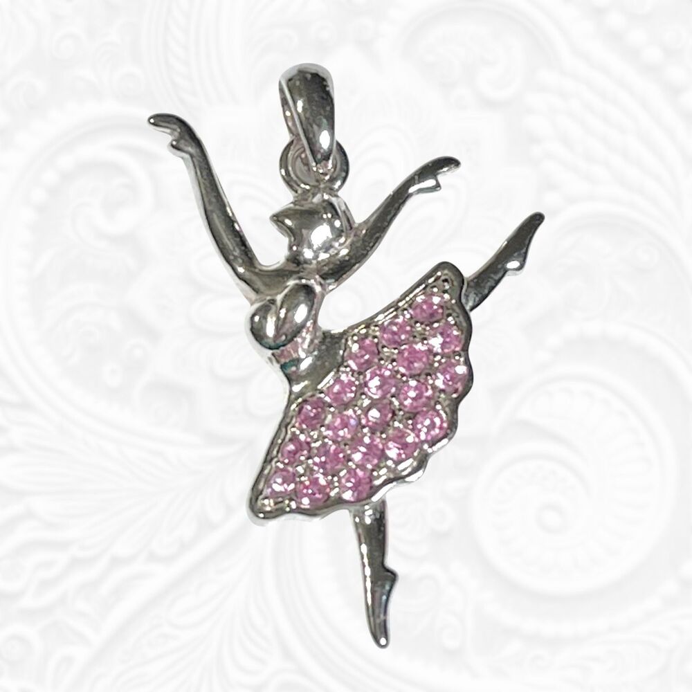 Ballerina Pendant Silver Tone Pink Rhinestone Dancer Ballet